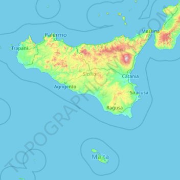 Mapa topográfico Sicilia, altitud, relieve