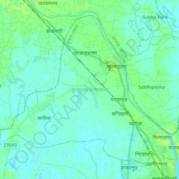Mapa topográfico Phultala Upazila, altitud, relieve