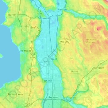 Mapa topográfico Kent, altitud, relieve