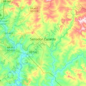 Mapa topográfico Senador Canedo, altitud, relieve
