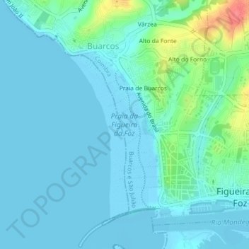 Mapa topográfico Praia da Figueira da Foz, altitud, relieve