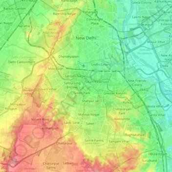 Mapa topográfico New Delhi, altitud, relieve