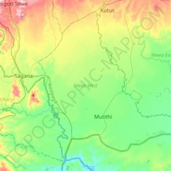 Mapa topográfico Mwea West, altitud, relieve