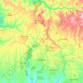 Mapa topográfico Sardoal, altitud, relieve