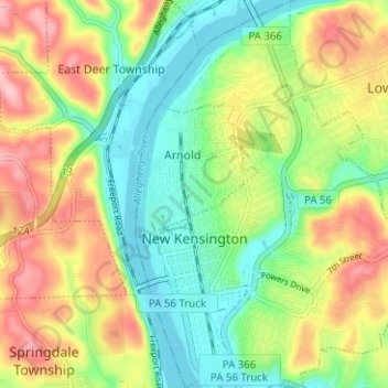 Mapa topográfico New Kensington, altitud, relieve