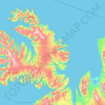 Mapa topográfico Westfjords, altitud, relieve