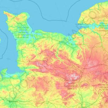 Mapa topográfico Basse-Normandie, altitud, relieve