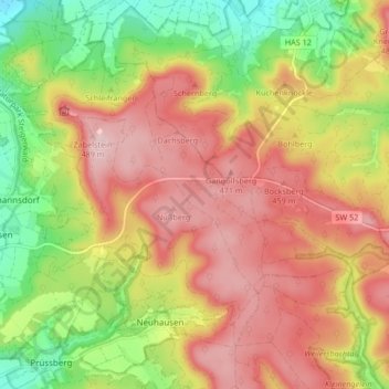 Mapa topográfico Hundelshausen, altitud, relieve