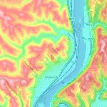 Mapa topográfico Martins Ferry, altitud, relieve