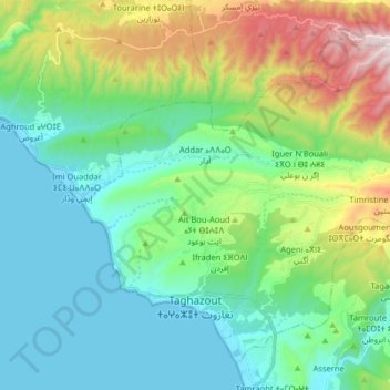 Mapa topográfico Taghazout ⵜⴰⵖⴰⵣⵓⵜ تغازوت, altitud, relieve