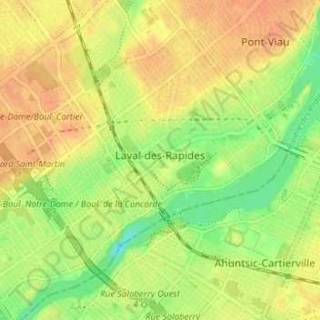 Mapa topográfico Laval-des-Rapides, altitud, relieve