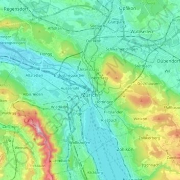 Mapa topográfico Zurich, altitud, relieve