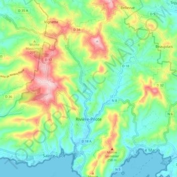 Mapa topográfico Rivière-Pilote, altitud, relieve
