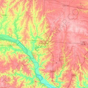 Mapa topográfico Boone County, altitud, relieve