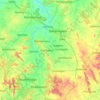 Mapa topográfico Davanagere, altitud, relieve