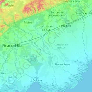 Mapa topográfico Consolación del Sur, altitud, relieve