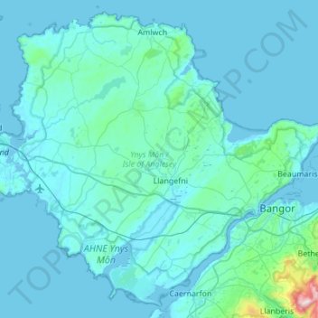 Mapa topográfico Anglesey, altitud, relieve