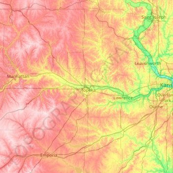 Mapa topográfico Kansas River, altitud, relieve