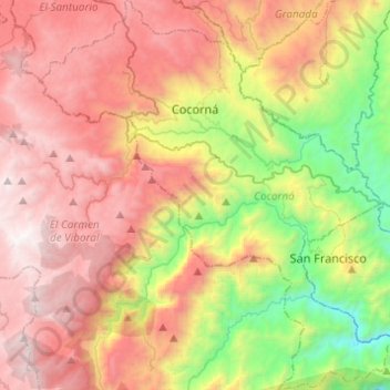 Mapa topográfico Cocorná, altitud, relieve