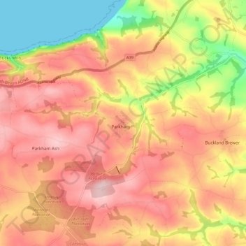 Mapa topográfico Parkham, altitud, relieve