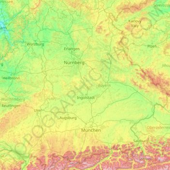 Mapa topográfico Bavaria, altitud, relieve