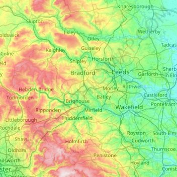Mapa topográfico West Yorkshire, altitud, relieve