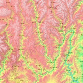 Mapa topográfico Muli Tibetan Autonomous County, altitud, relieve
