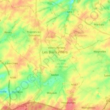 Mapa topográfico Les Bons Villers, altitud, relieve