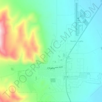 Mapa topográfico Challis, altitud, relieve