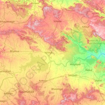 Mapa topográfico Nirmal, altitud, relieve