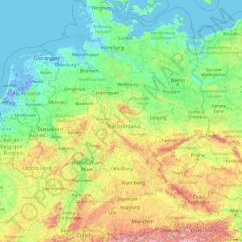 Mapa topográfico Deutschland, altitud, relieve