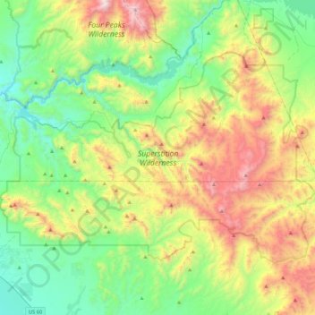Mapa topográfico Superstition Wilderness Area, altitud, relieve