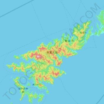 Mapa topográfico Amamioshima, altitud, relieve