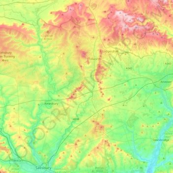 Mapa topográfico River Bourne (Wiltshire), altitud, relieve