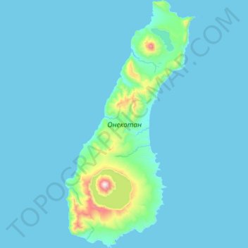 Mapa topográfico Onekotan, altitud, relieve