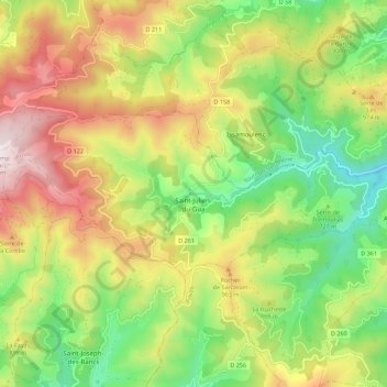 Mapa topográfico Saint-Julien-du-Gua, altitud, relieve