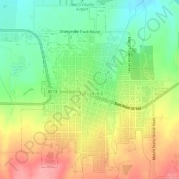 Mapa topográfico Grangeville, altitud, relieve