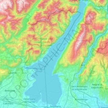 Mapa topográfico Lake Garda, altitud, relieve