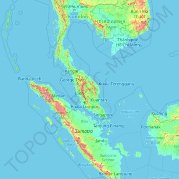 Mapa topográfico Malaysia, altitud, relieve