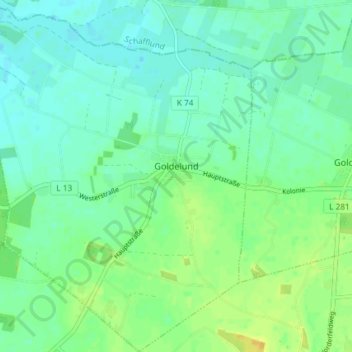 Mapa topográfico Goldelund, altitud, relieve