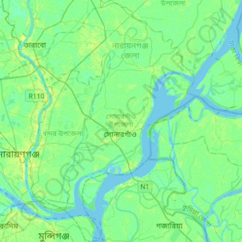 Mapa topográfico Sonargaon, altitud, relieve