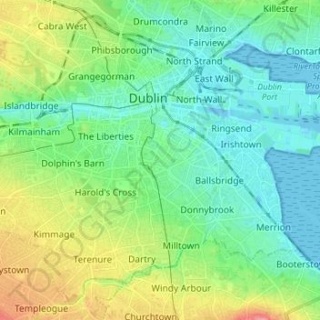 Mapa topográfico Dublin, altitud, relieve