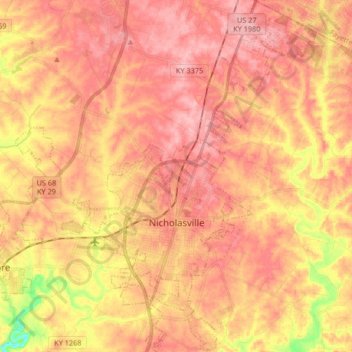 Mapa topográfico Nicholasville, altitud, relieve