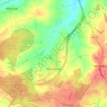 Mapa topográfico Silverstone, altitud, relieve