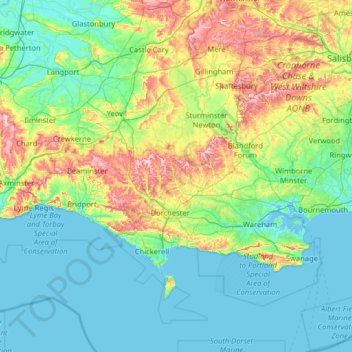 Mapa topográfico Dorset, altitud, relieve