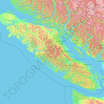 Mapa topográfico Île de Vancouver, altitud, relieve