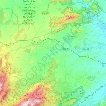 Mapa topográfico Mula, altitud, relieve