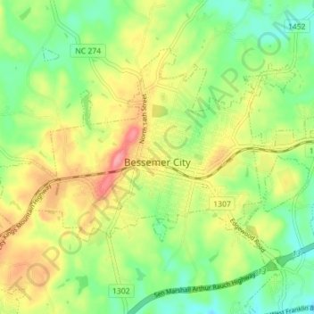 Mapa topográfico Bessemer City, altitud, relieve