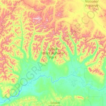 Mapa topográfico Kobuk Valley National Park, altitud, relieve