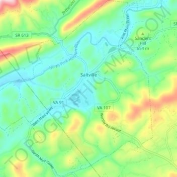 Mapa topográfico Saltville, altitud, relieve